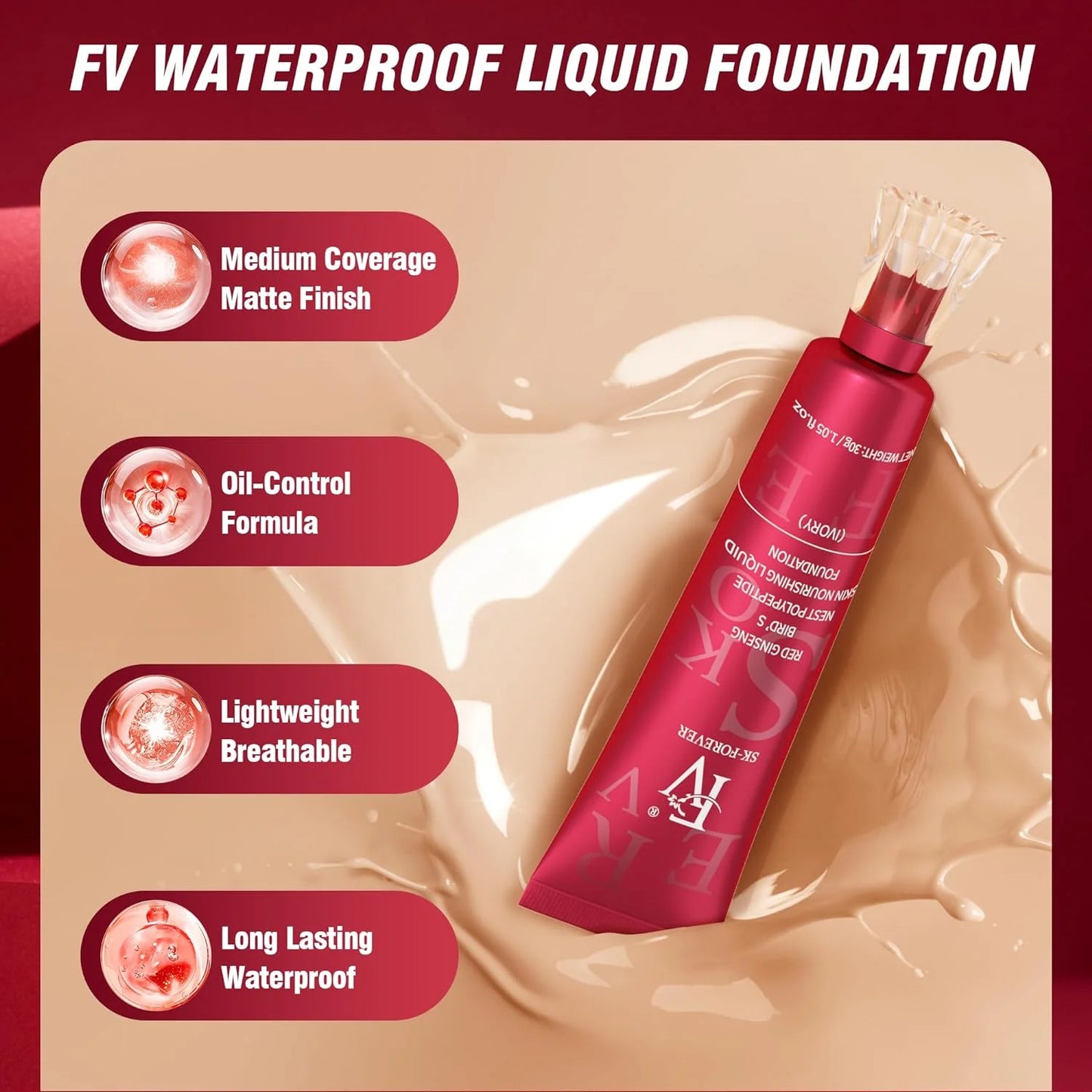 Fv Foundation Waterproof With Medium Coverage, Oil-Free & Long Lasting, Matte Orever Foundation Natural Beige 30g